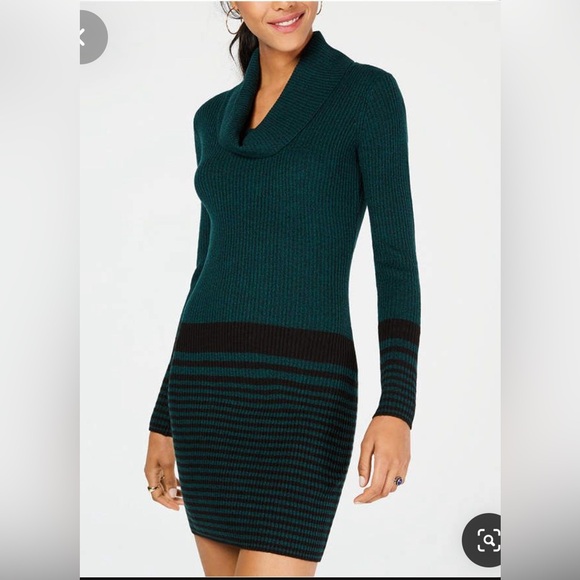 Emerald Green Cowl-Neck Striped Sweater dress - Picture 1 of 5